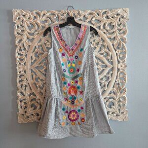 Embroidered boho blue and white striped shift mini dress size small